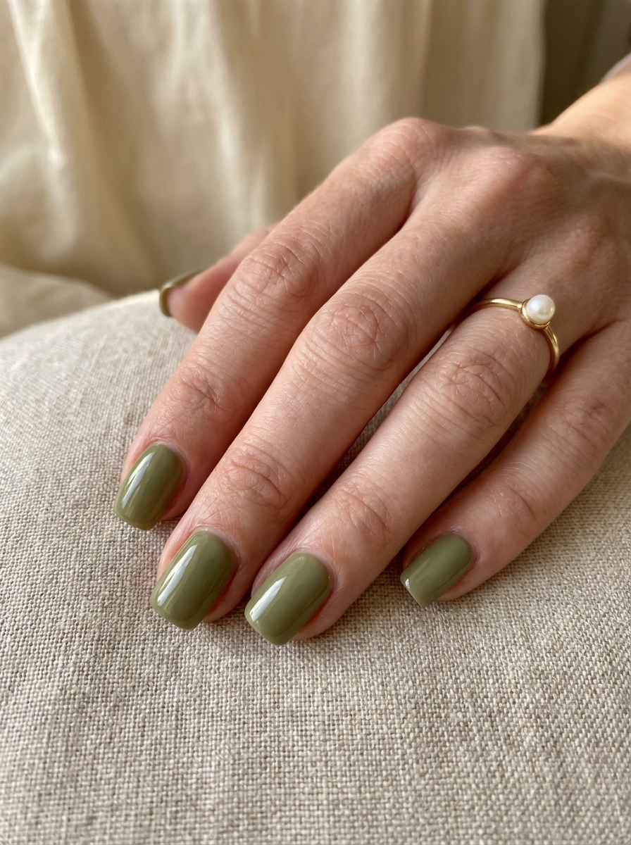 Olive Green Square Nails als olivgrüne Herbstmaniküre 2026